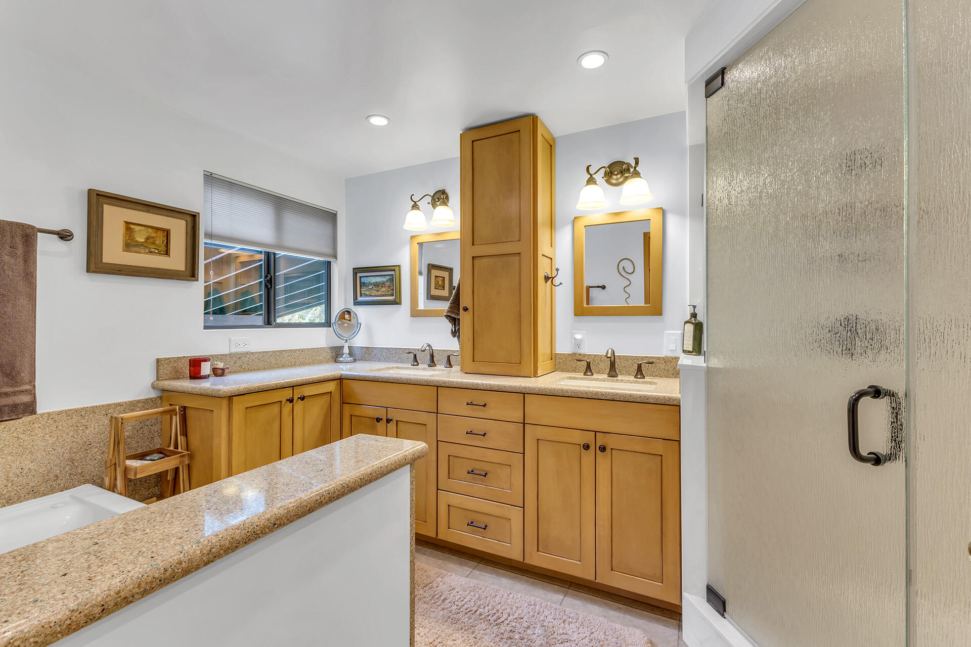 54580 Reed Lane Idyllwild, CA 92549 - Photo 8 of 101 a spacious bathroom with a granite countertop sink mirror and a bathtub