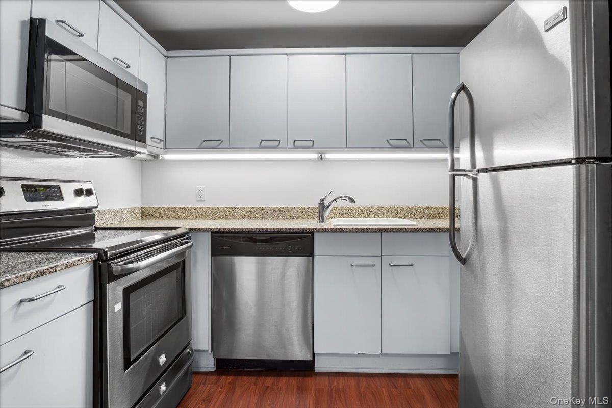 100 Cutter Mill Road, Unit 3F Great Neck, NY 11021 - Photo 19 of 33 a kitchen with stainless steel appliances granite countertop a sink and a stove top oven