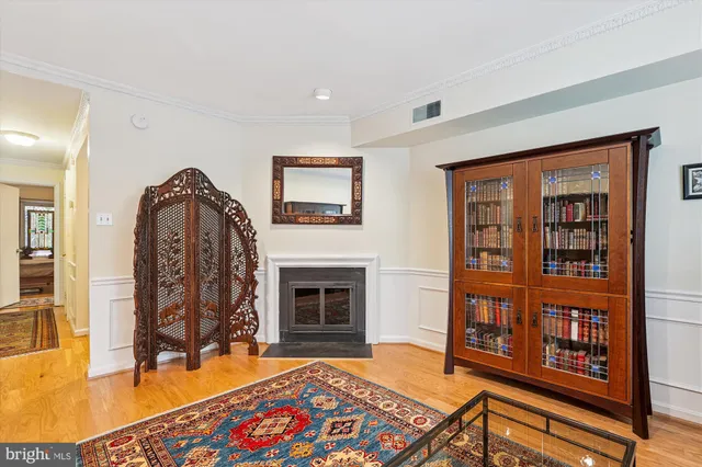 a living room with furniture a rug and a fireplace