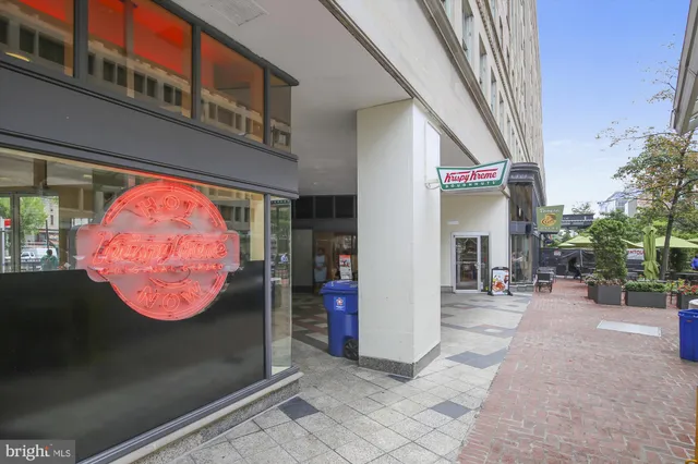 a view of a building and a street
