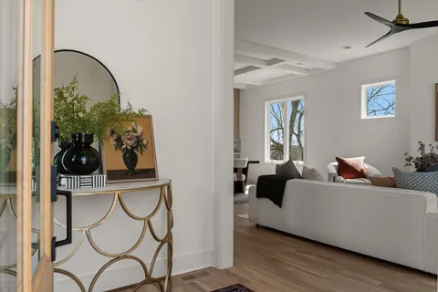 a living room with furniture and a potted plant
