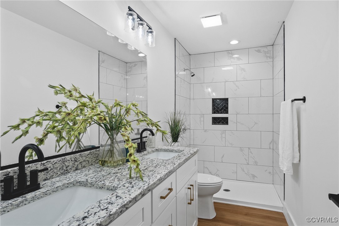 26428 Dejarnette Lane Ruther Glen, VA 22546 - Photo 16 of 27 a bathroom with a granite countertop sink a toilet and shower
