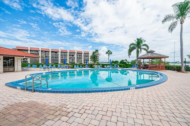 a view of a swimming pool with a garden