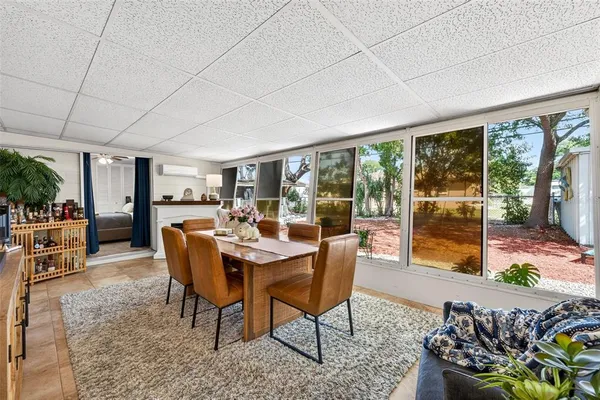 a dining room with furniture a rug a potted plant and a painting