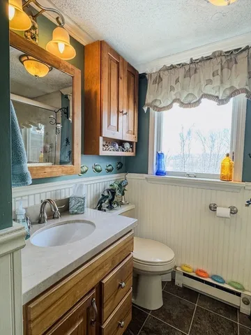 a bathroom with a granite countertop toilet sink and mirror