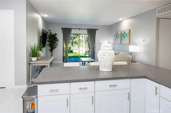 a kitchen with stainless steel appliances white cabinets and a potted plant