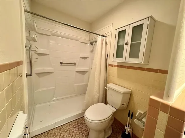 a bathroom with a shower and a toilet