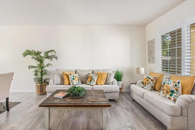 a living room with furniture and a potted plant