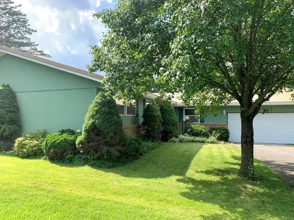 a view of a backyard with large trees