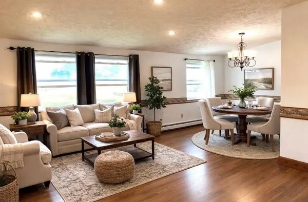 a living room with furniture a chandelier and a table