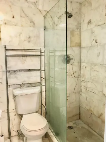 a bathroom with a toilet and a shower