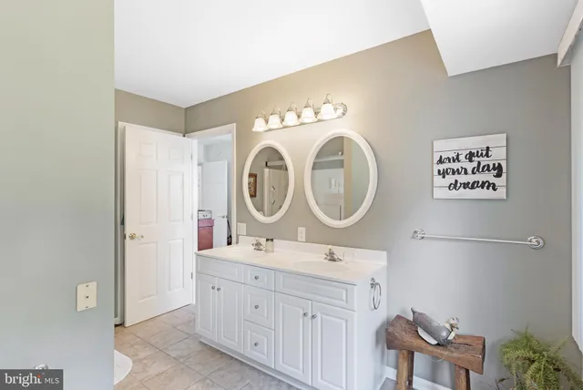 a bathroom with a double vanity sink mirror and a toilet
