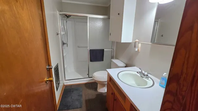 a bathroom with a sink a toilet and a shower