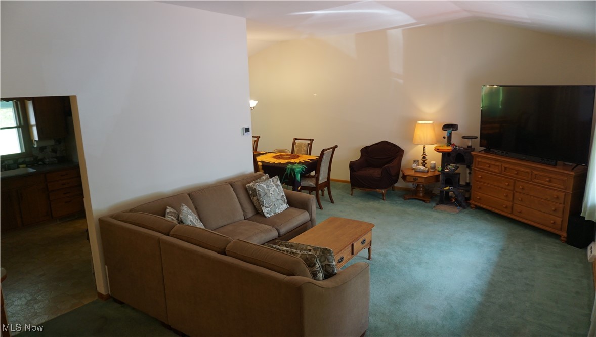 Living room featuring lofted ceiling and carpet