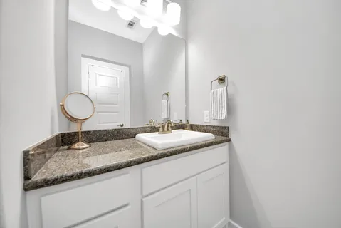 a bathroom with a granite countertop double vanity and a mirror