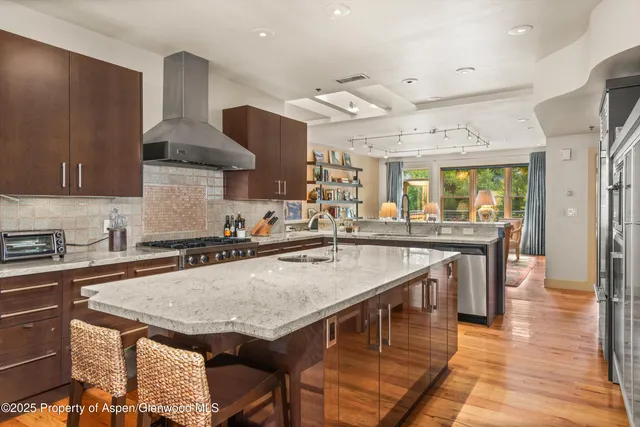 a large kitchen with stainless steel appliances granite countertop a lot of counter space and a sink
