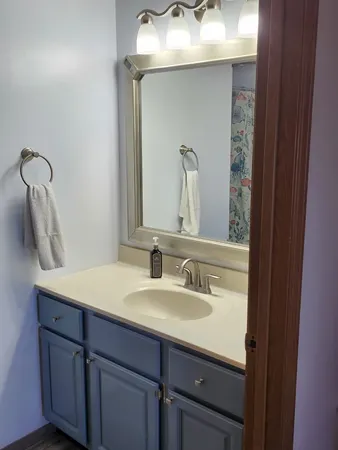 a bathroom with a toilet and shower curtain