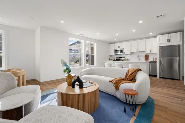 a living room with furniture and a dining table with kitchen view