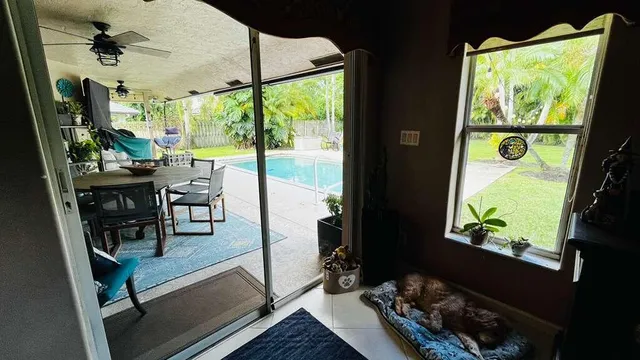 a living room with large window