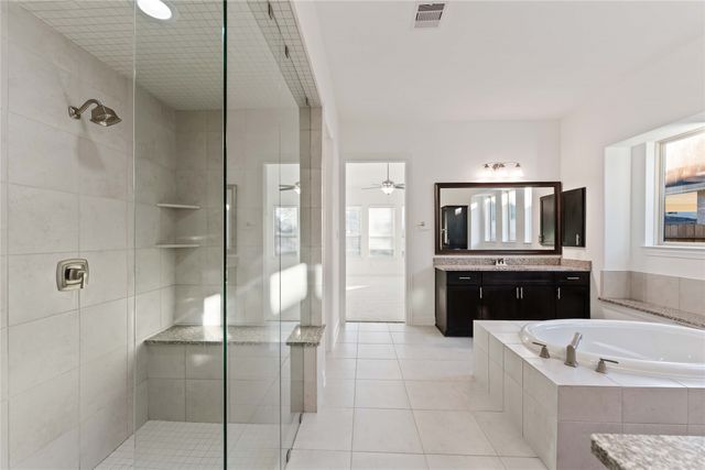 a bathroom with a tub a sink a mirror and a shower