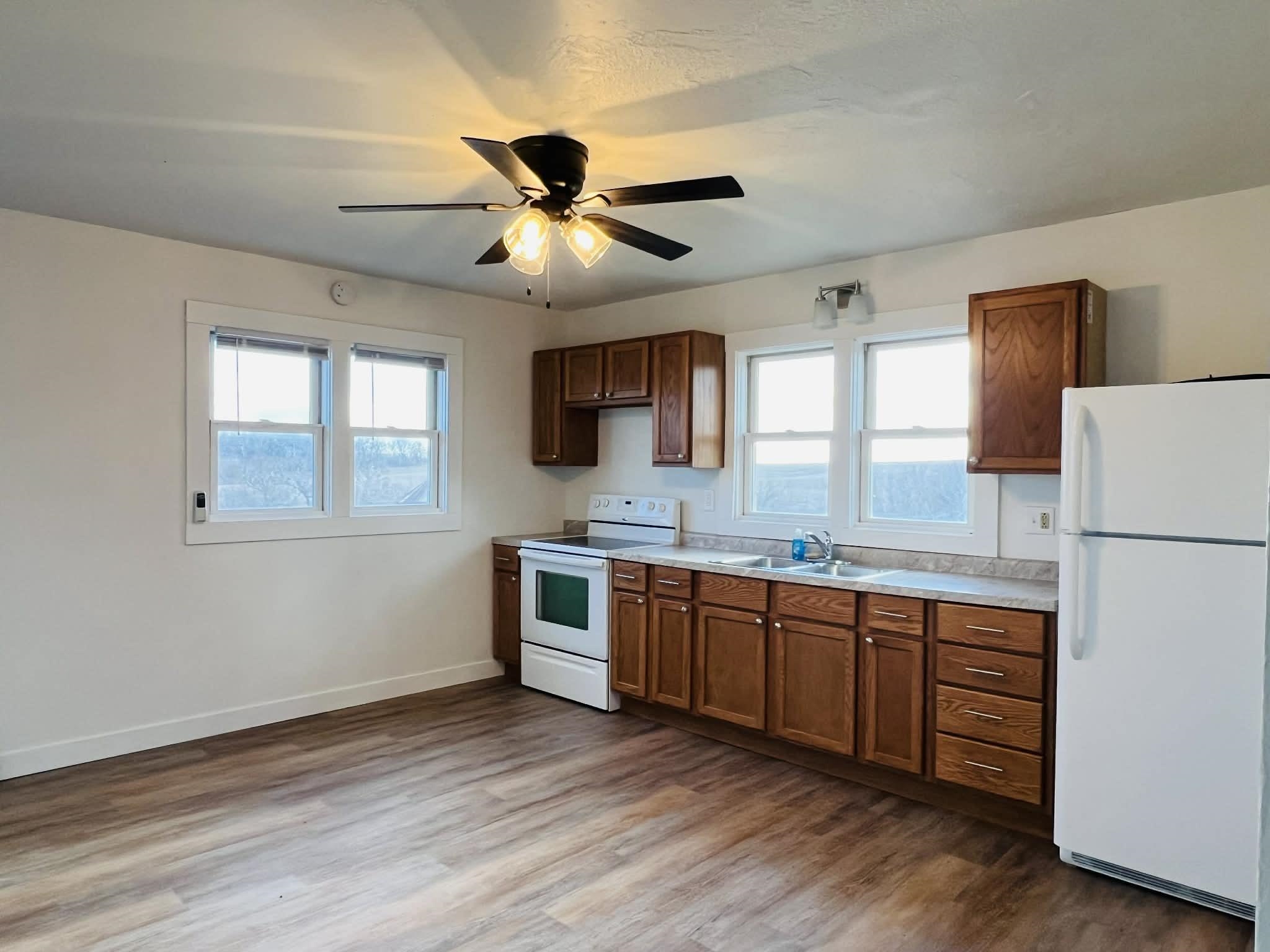 1625 South County Divide Road Pearl City, IL 61062 - Photo 12 of 30 a kitchen with stainless steel appliances granite countertop a sink cabinets wooden floor and a window