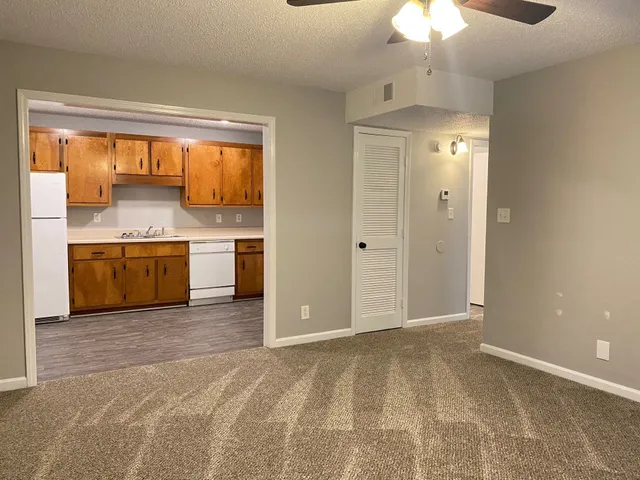 an empty room with a fireplace and chandelier fan