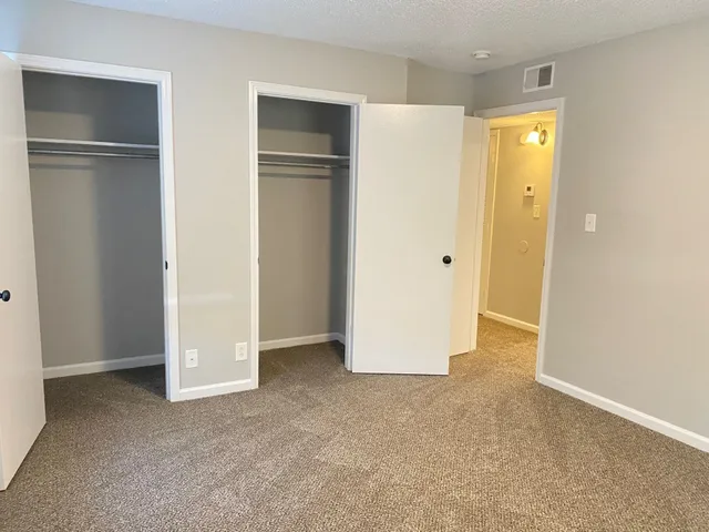 a view of an empty room with closet and wooden door