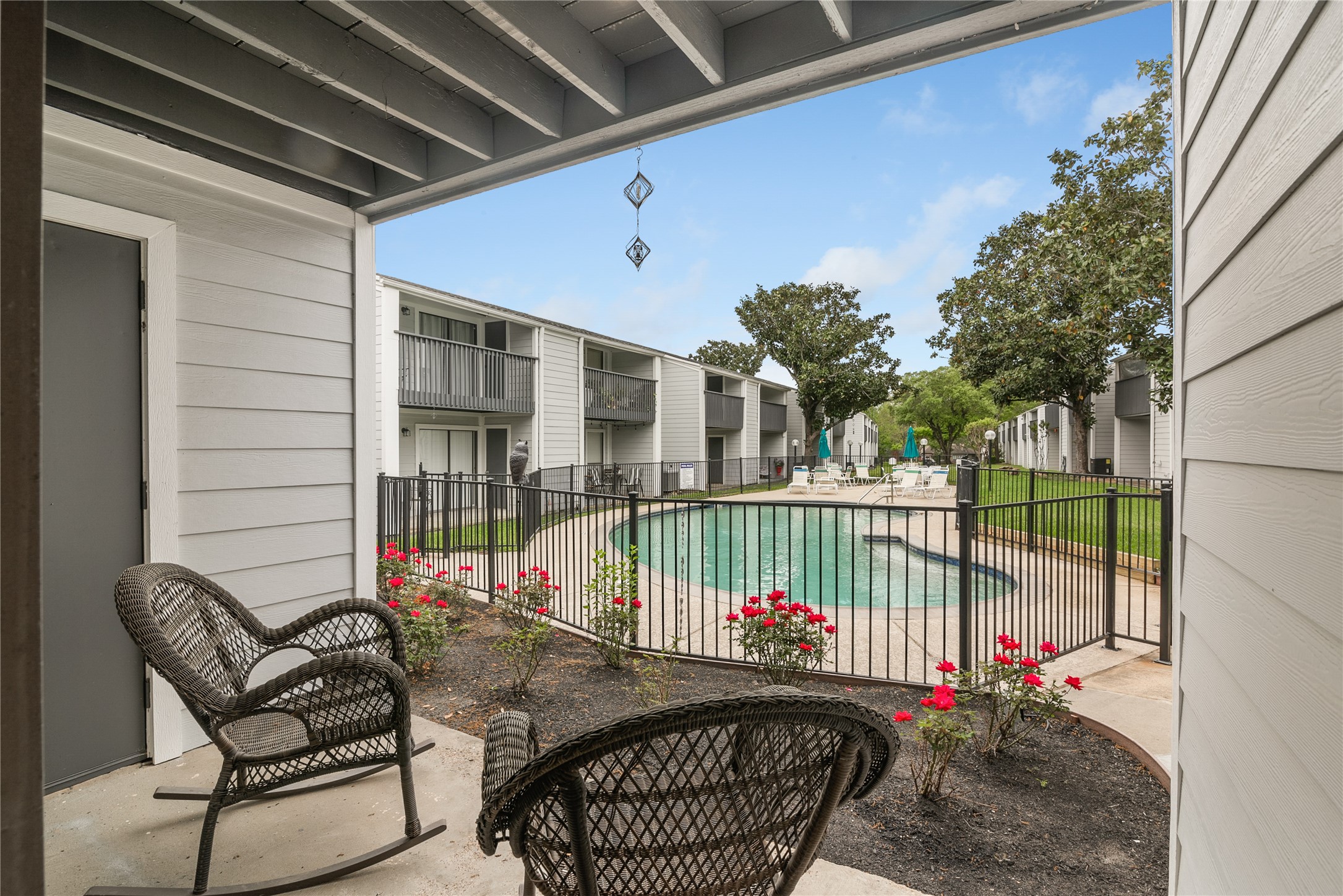 Beautifully located on the ground level, no stairs with covered patio.