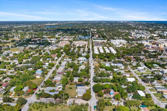 an aerial view of residential houses with city view