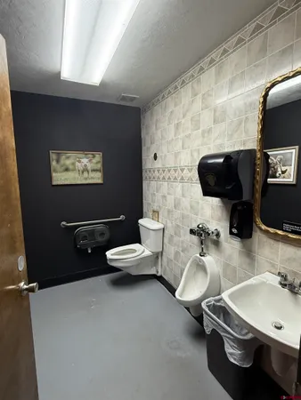 a bathroom with a toilet sink and mirror