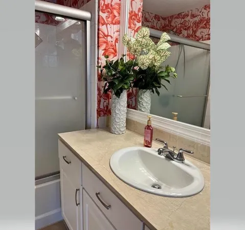 a bathroom with a sink and a mirror