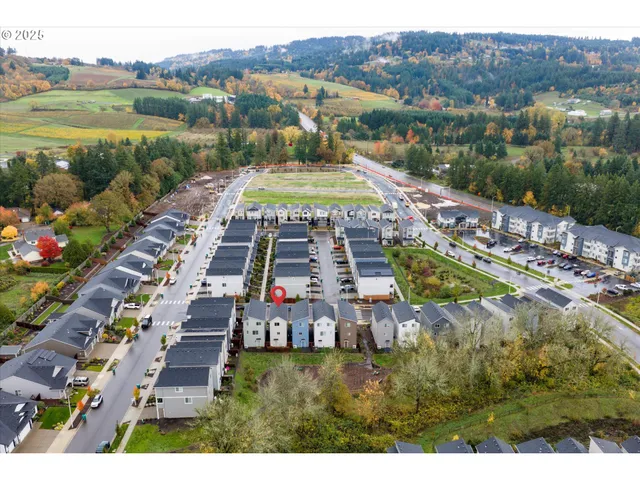 an aerial view of residential houses with outdoor space and river