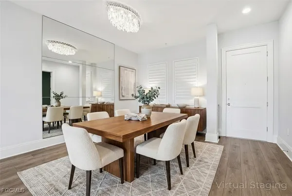 a view of a dining room with furniture