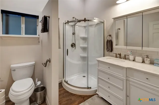 a bathroom with a sink a toilet and shower