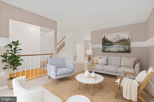 a living room with furniture and a dining table with wooden floor