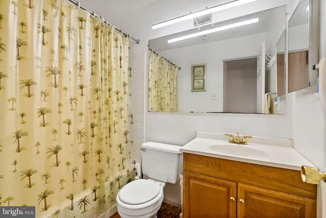 a bathroom with a sink a toilet and shower curtain