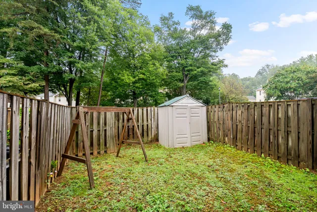 a view of backyard with wooden fence and a large tree