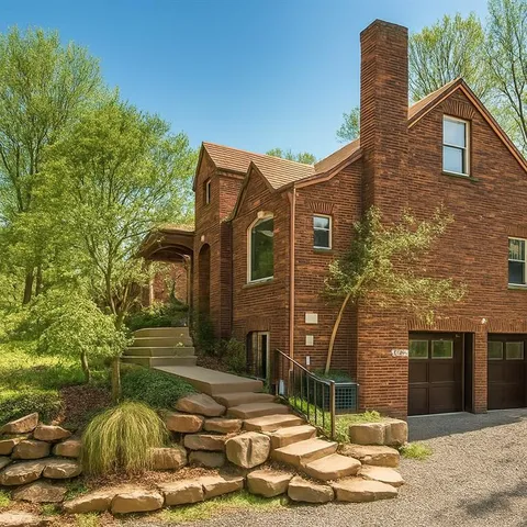 a backyard of a house with table and chairs
