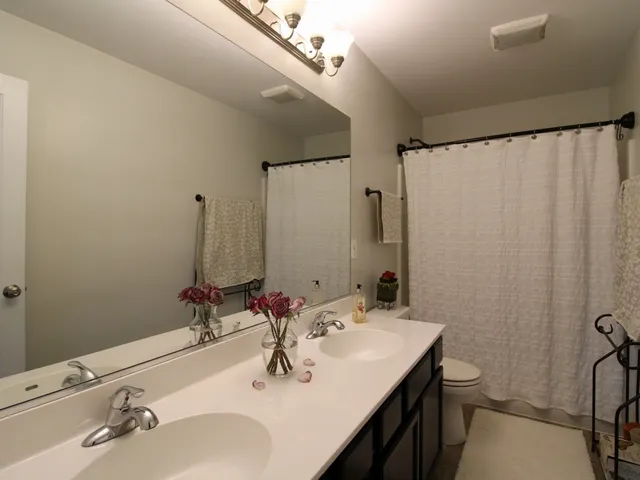 a bathroom with a double vanity sink and a mirror