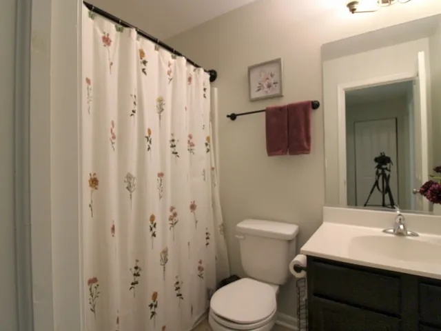 a bathroom with a sink a toilet and shower curtain