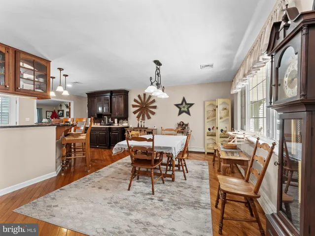 a view of a dining room with furniture