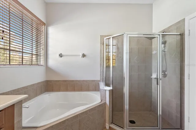 a bathroom with a bathtub and a shower