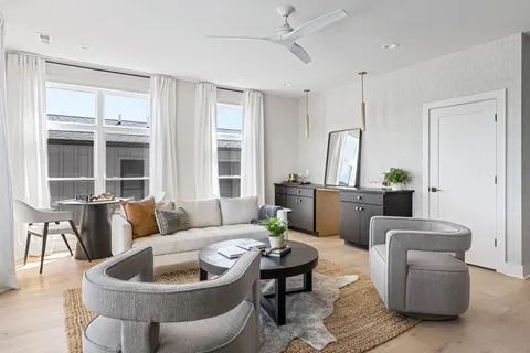 a living room with furniture and potted plant