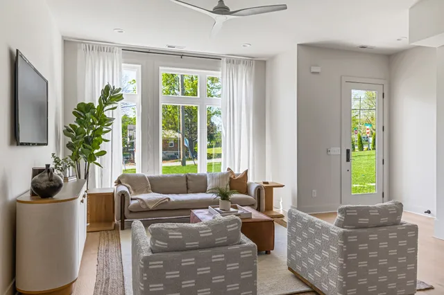 a living room with furniture and a potted plant