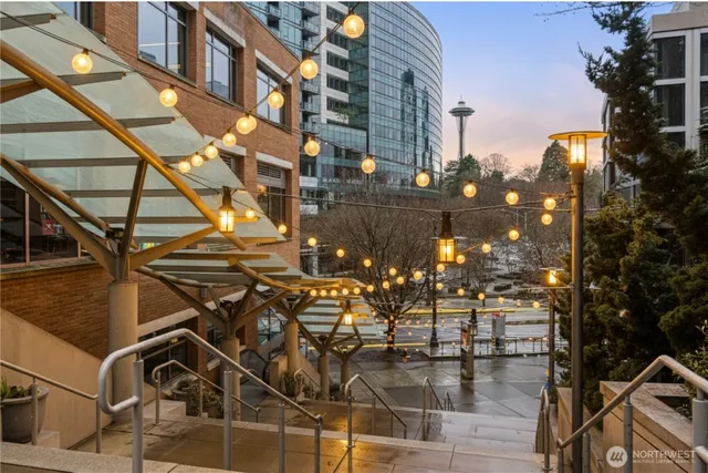 a city view with tall buildings