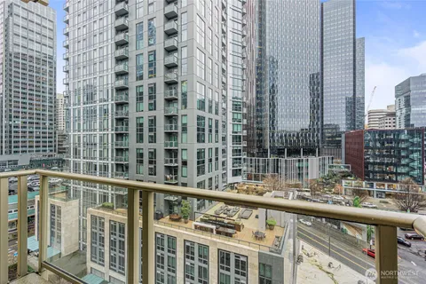 a view of a building from a balcony