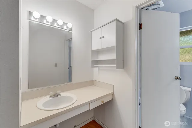 a bathroom with a sink vanity and a mirror