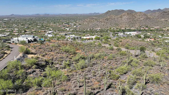an aerial view of residential houses with outdoor space and trees