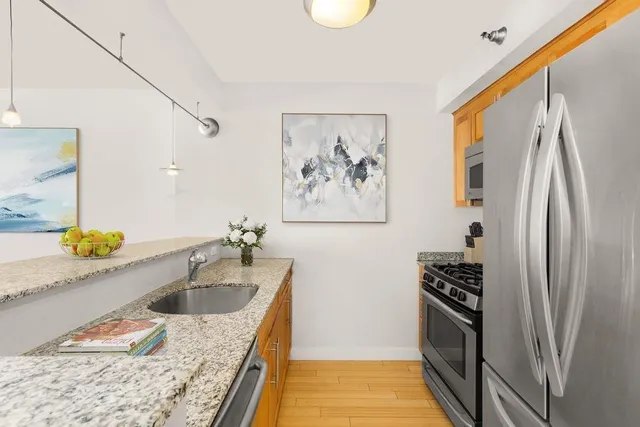 a kitchen with stainless steel appliances granite countertop a refrigerator a sink and a stove