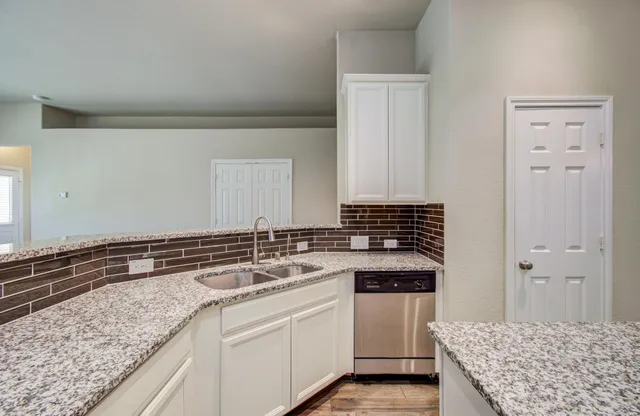 a kitchen with a sink and cabinets